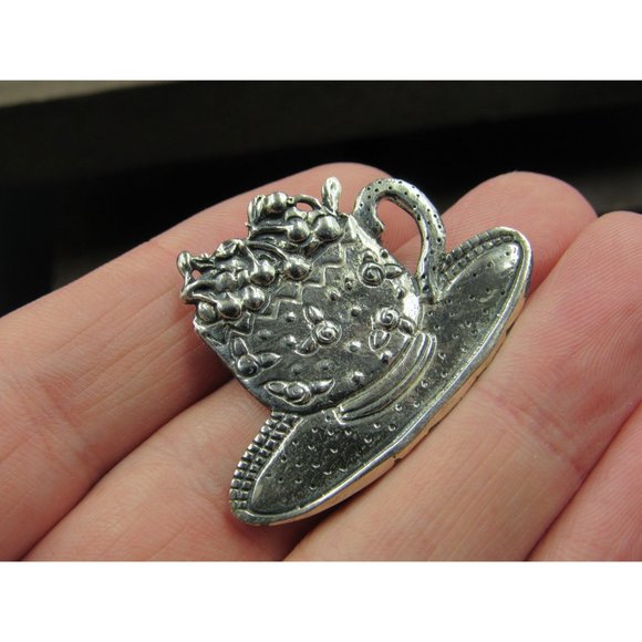 Sterling Silver Cup Of Fruit On A Plate Pin Brooch - Picture 3 of 7